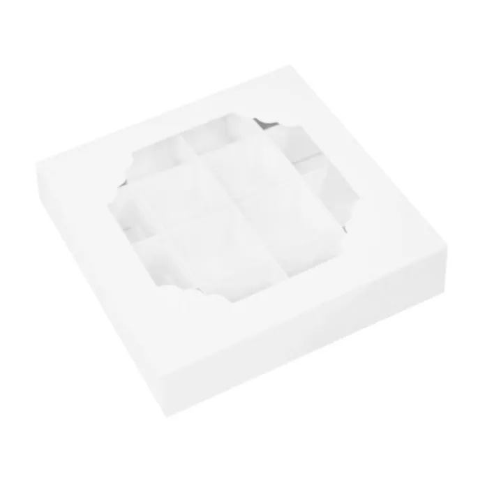 Caja para 16 bombones o pasteles blanca con ventana 15 x 15 x 3,5 cm