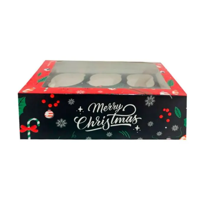Caja para 6 cupcakes con ventana Merry Christmas Navidad 24 x 16,5 x 7 cm