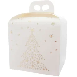 Caja para panettone blanca con árbol y estrellas doradas 20 cm