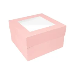 Caja para tarta rosa bebé con ventana 25,4 x 25,4 x 15,2 cm