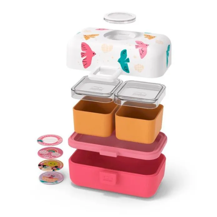 Fiambrera triple compacta rosa pájaros 800 ml - Polipropileno (sin BPA) - Monbento