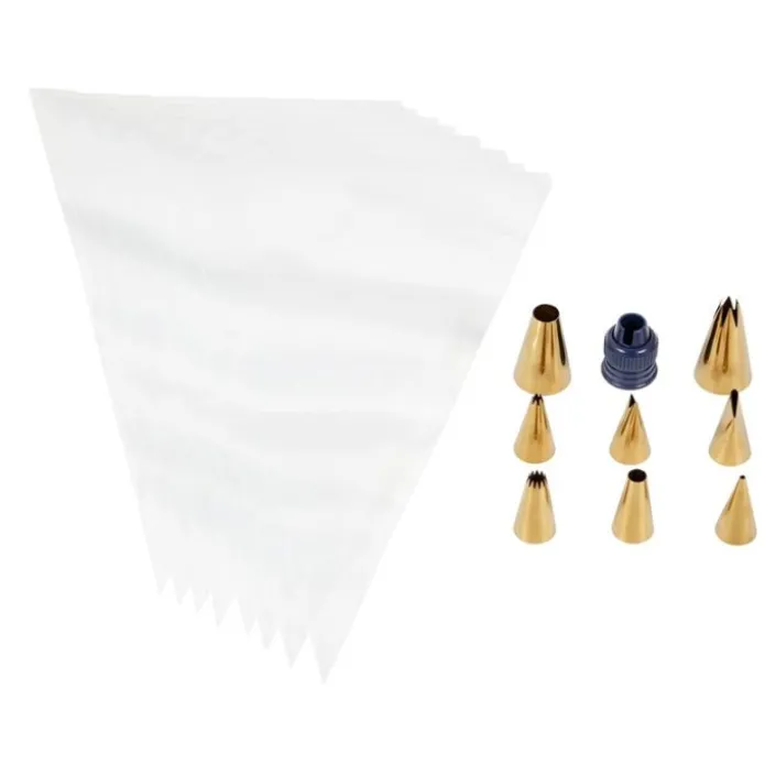Kit de 8 mangas, 8 boquillas doradas y adaptador - Wilton