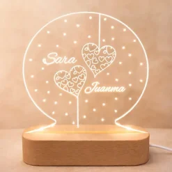 Lámpara personalizada redonda nombres San Valentín - Metacrilato y madera