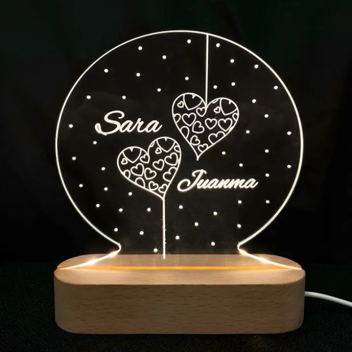 Lámpara personalizada redonda nombres San Valentín - Metacrilato y madera