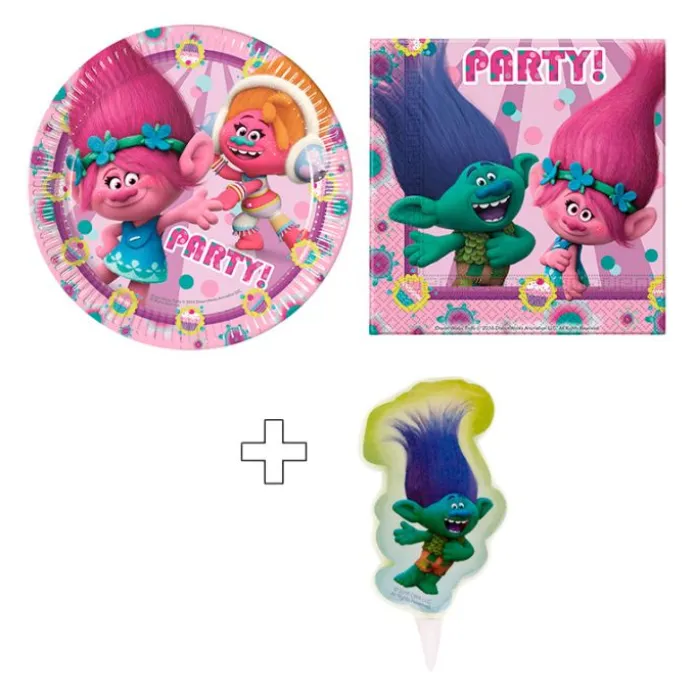 Pack de fiesta: 8 platos, 20 servilletas y 1 vela - Trolls