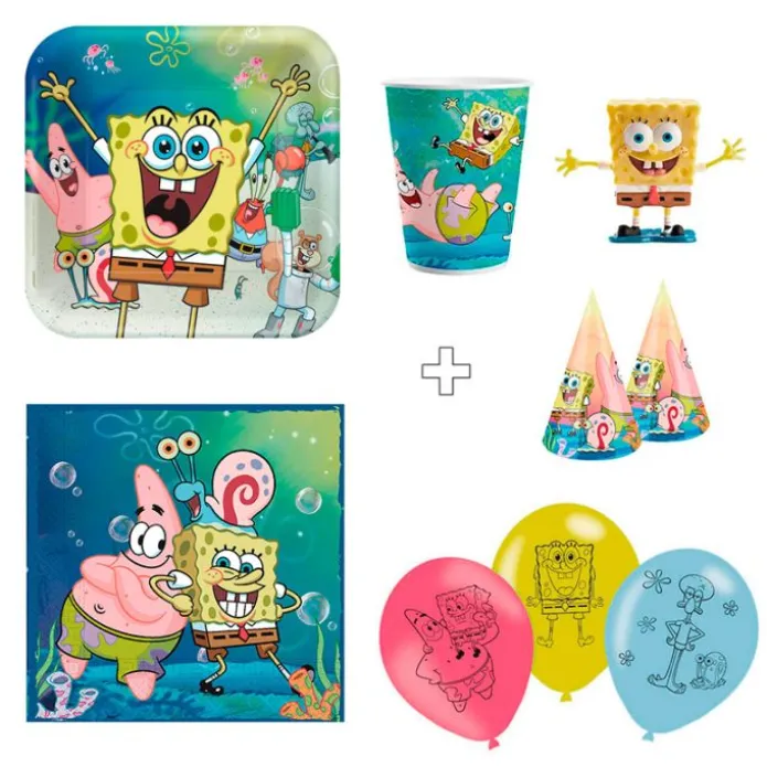 Pack de fiesta: 8 platos, 8 vasos, 40 servilletas, 6 globos, 6 gorritos y 1 figurita - Bob Esponja