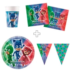 Pack de fiesta: 8 platos, 8 vasos, 20 servilletas y 1 guirnalda - PJ Masks