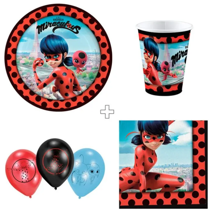 Pack de fiesta: 20 servilletas, 8 platos, 8 vasos y 6 globos - Ladybug