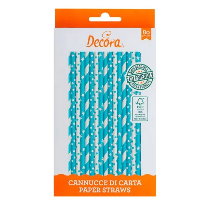 Pajitas de papel blancas y azules lunares, rayas y estrellas (80) - Decora