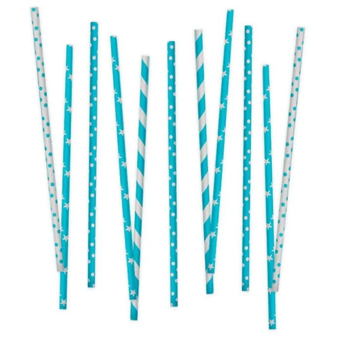 Pajitas de papel blancas y azules lunares, rayas y estrellas (80) - Decora
