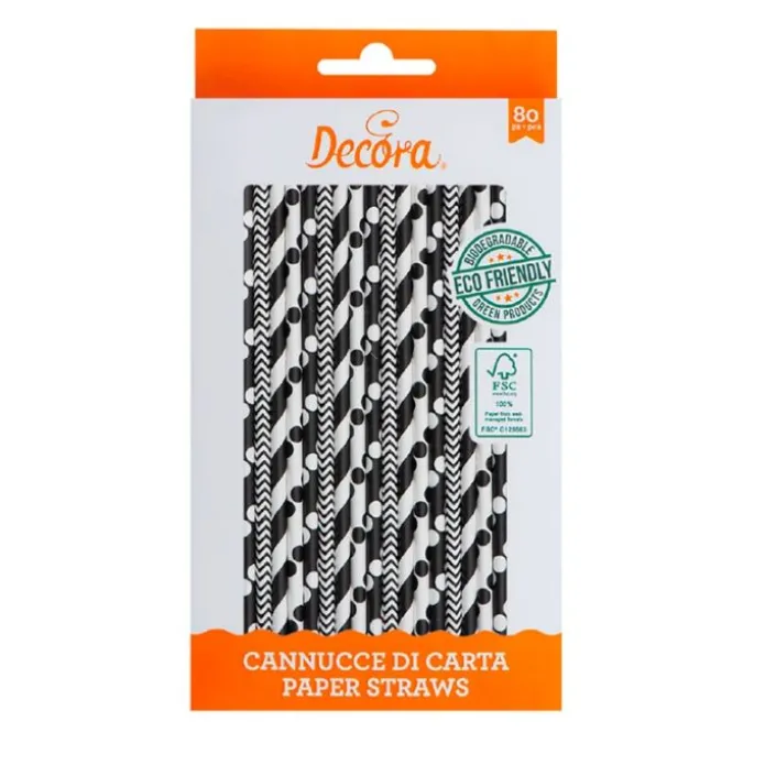Pajitas de papel blancas y negras lunares y rayas (80) - Decora