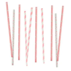 Pajitas de papel blancas y rosas lunares, rayas y estrellas (80) - Decora
