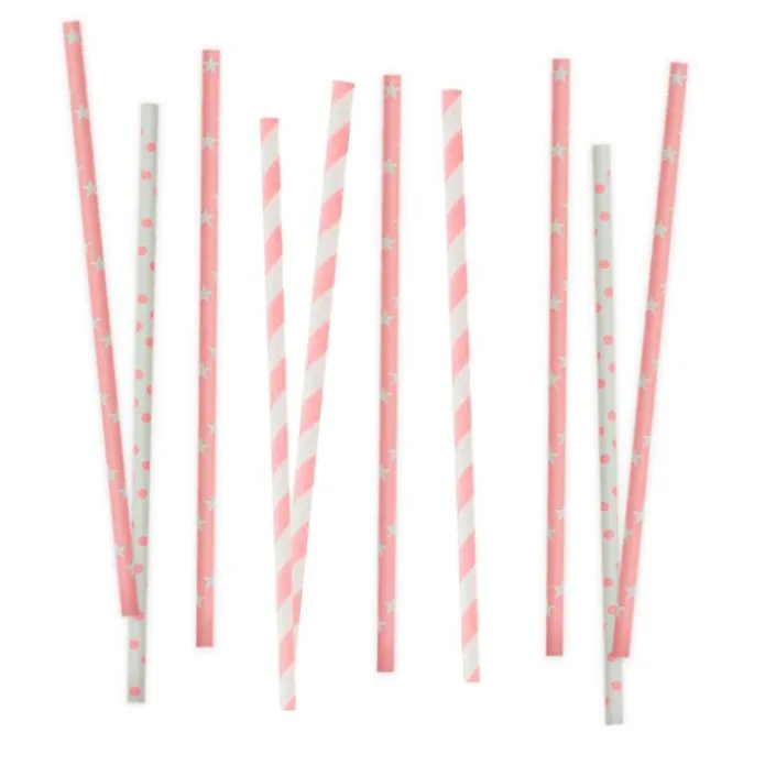 Pajitas de papel blancas y rosas lunares, rayas y estrellas (80) - Decora