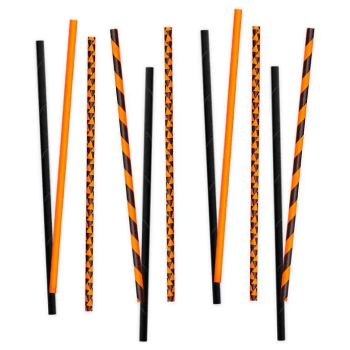 Pajitas de papel naranjas y negras triángulos y rayas (80) - Decora