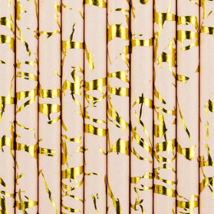 Pajitas de papel rosas y doradas metalizadas (10) - PartyDeco
