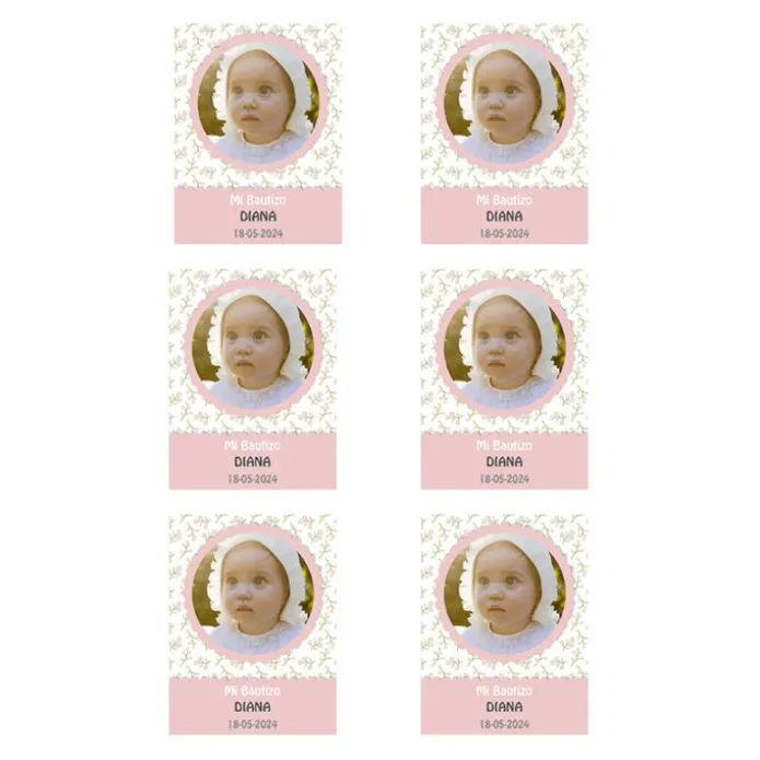 Papel de azúcar con foto, nombre y fecha personalizada - Mi Bautizo rosa 6 x 8 cm (6)