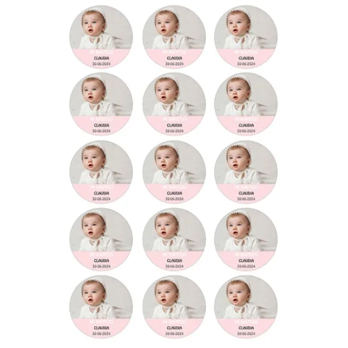 Papel de azúcar con foto, nombre y fecha personalizada círculo 5 cm (15) - Mi Bautizo