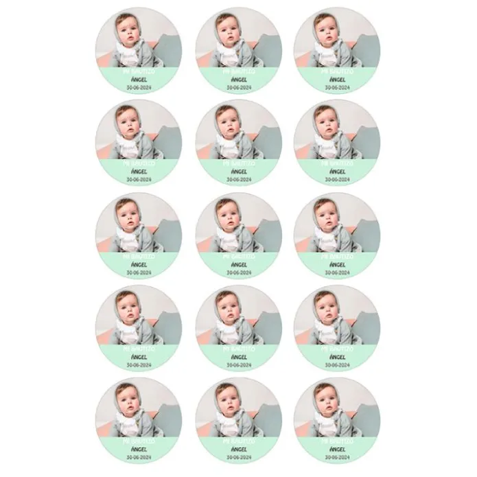 Papel de azúcar con foto, nombre y fecha personalizada círculo 5 cm (15) - Mi Bautizo