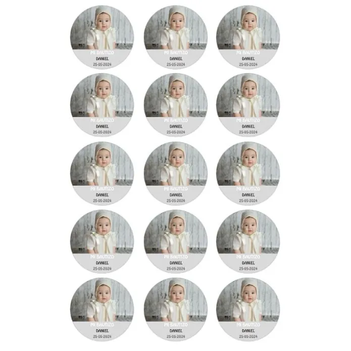 Papel de azúcar con foto, nombre y fecha personalizada círculo 5 cm (15) - Mi Bautizo