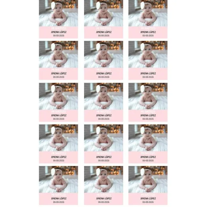 Papel de azúcar con foto, nombre y fecha personalizada cuadrado 5 cm (15) - Mi Bautizo