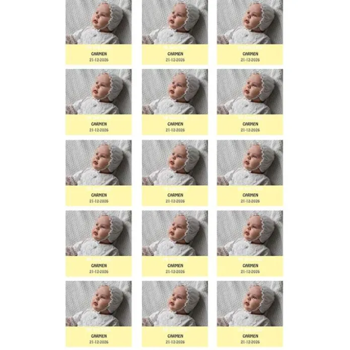 Papel de azúcar con foto, nombre y fecha personalizada cuadrado 5 cm (15) - Mi Bautizo