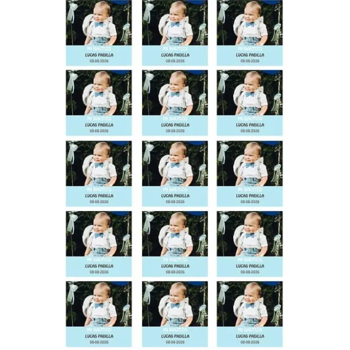 Papel de azúcar con foto, nombre y fecha personalizada cuadrado 5 cm (15) - Mi Bautizo