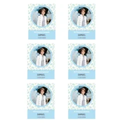 Papel de azúcar con foto, nombre y fecha personalizada - Mi primera Comunión azul 6 x 8 cm (6)