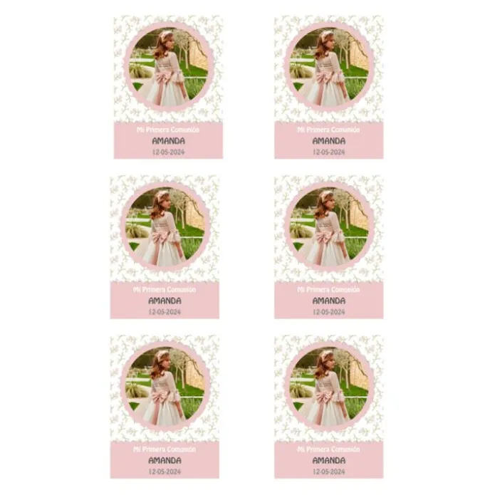 Papel de azúcar con foto, nombre y fecha personalizada - Mi primera Comunión rosa 6 x 8 cm (6)