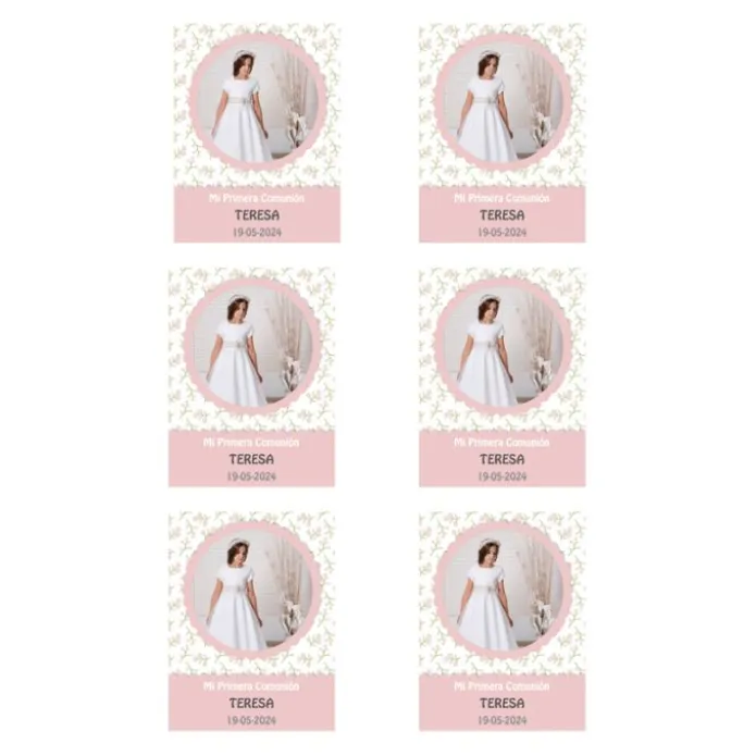 Papel de azúcar con foto, nombre y fecha personalizada - Mi primera Comunión rosa 6 x 8 cm (6)