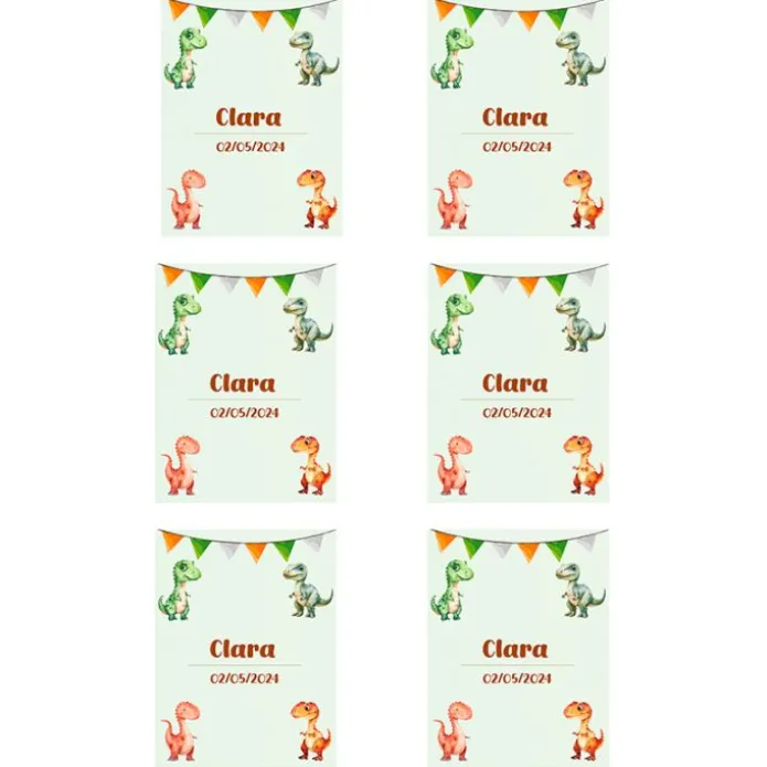 Papel de azúcar con nombre y fecha personalizada - Dinosaurios 6 x 8 cm (6) - Impresión comestible personalizada