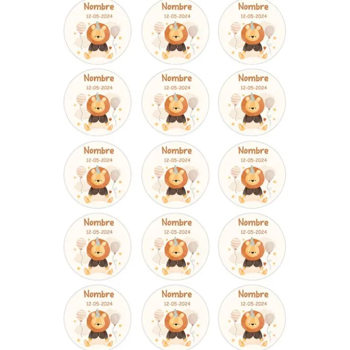 Papel de azúcar - 15 círculos iguales de 5 cm nombre y fecha León - Impresión comestible personalizada