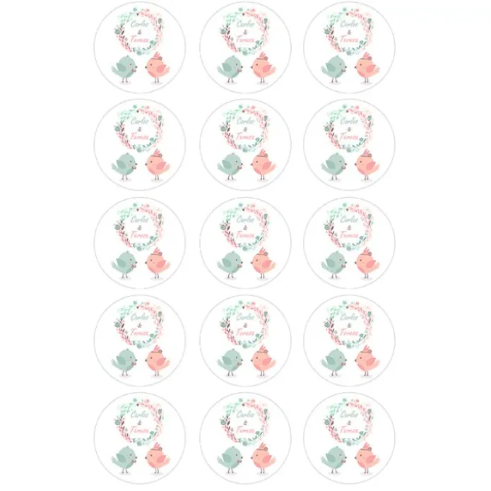 Papel de azúcar - 15 círculos iguales de 5 cm Nombres boda - Impresión personalizada