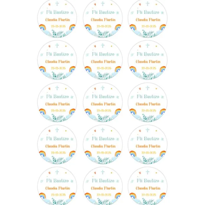 Papel de azúcar - 15 diseños iguales en Círculos de 5 cm Nombre y fecha Mi Bautizo 1 - Impresión comestible personalizada