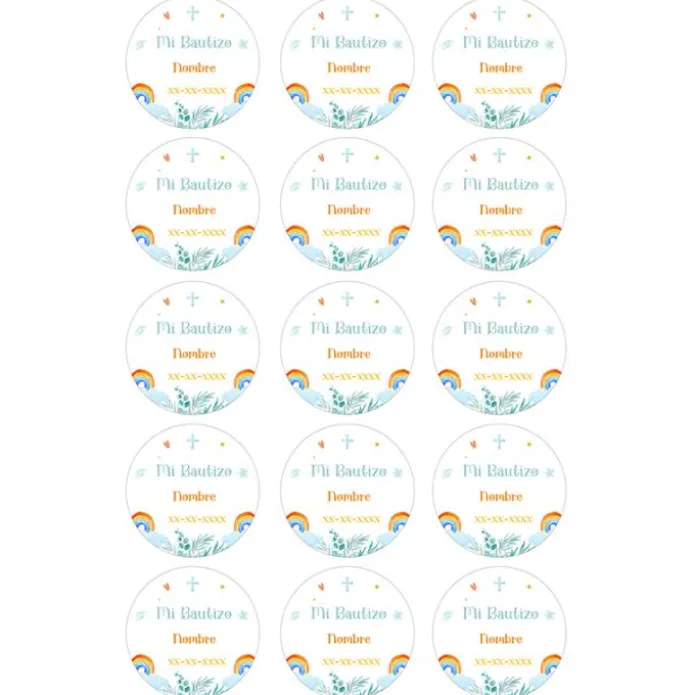Papel de azúcar - 15 diseños iguales en Círculos de 5 cm Nombre y fecha Mi Bautizo 1 - Impresión comestible personalizada