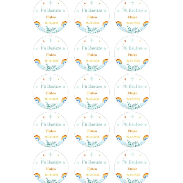Papel de azúcar - 15 diseños iguales en Círculos de 5 cm Nombre y fecha Mi Bautizo 1 - Impresión comestible personalizada