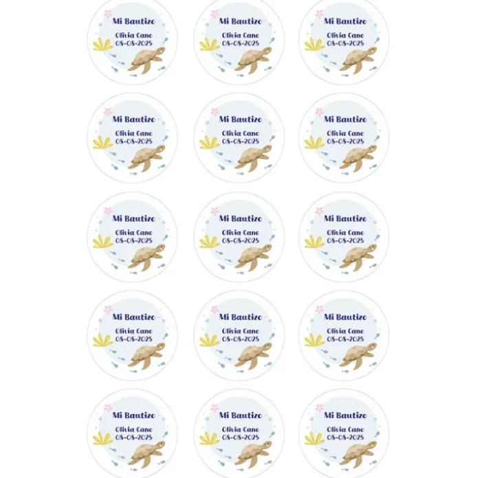 Papel de azúcar - 15 diseños iguales en Círculos de 5 cm Nombre y fecha Mi Bautizo 3 - Impresión comestible personalizada