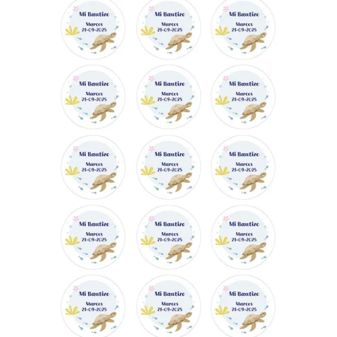 Papel de azúcar - 15 diseños iguales en Círculos de 5 cm Nombre y fecha Mi Bautizo 3 - Impresión comestible personalizada