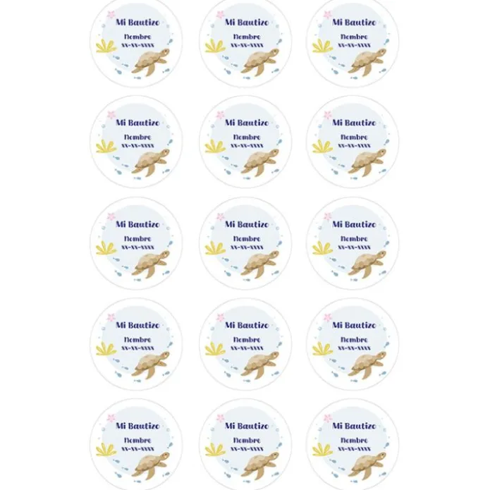 Papel de azúcar - 15 diseños iguales en Círculos de 5 cm Nombre y fecha Mi Bautizo 3 - Impresión comestible personalizada