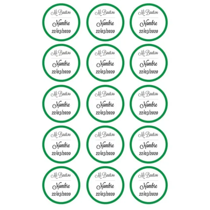 Papel de azúcar - 15 diseños iguales en Círculos de 5 cm Nombre y fecha Mi bautizo - Impresión comestible personalizada