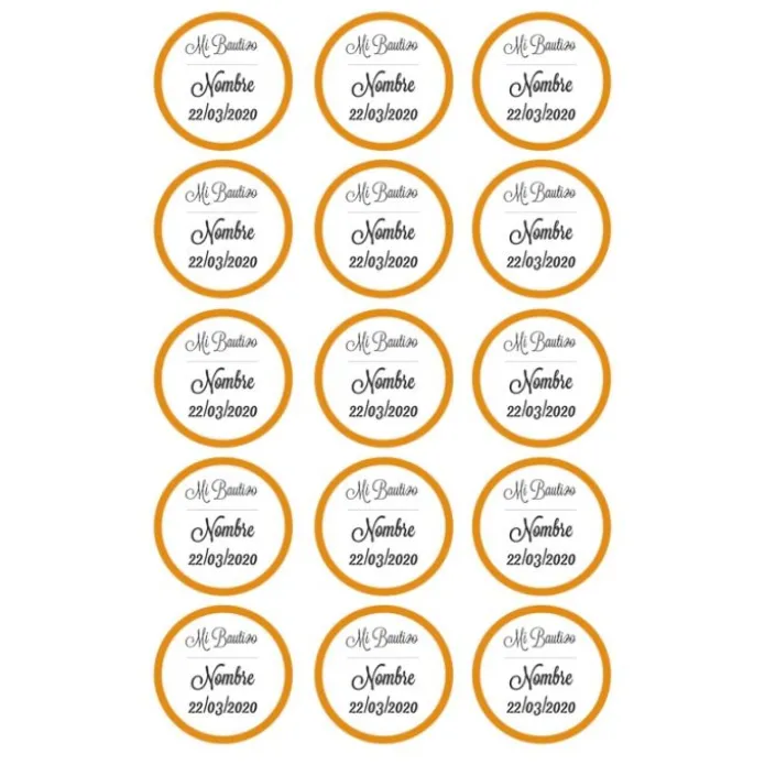 Papel de azúcar - 15 diseños iguales en Círculos de 5 cm Nombre y fecha Mi bautizo - Impresión comestible personalizada