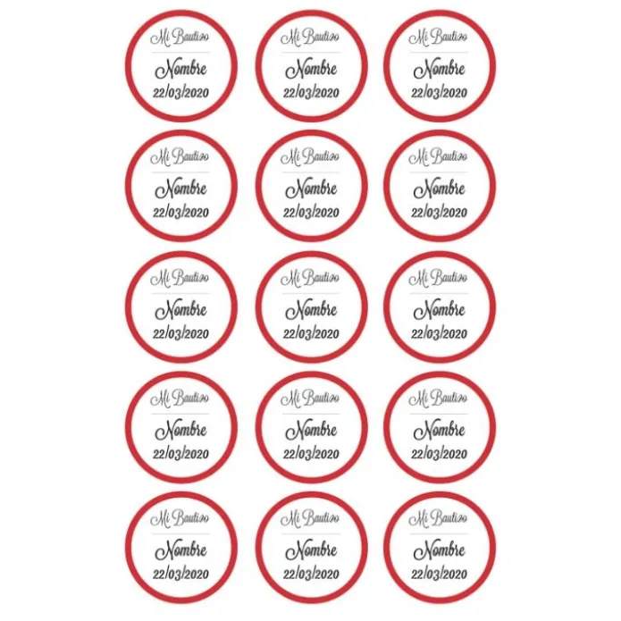 Papel de azúcar - 15 diseños iguales en Círculos de 5 cm Nombre y fecha Mi bautizo - Impresión comestible personalizada