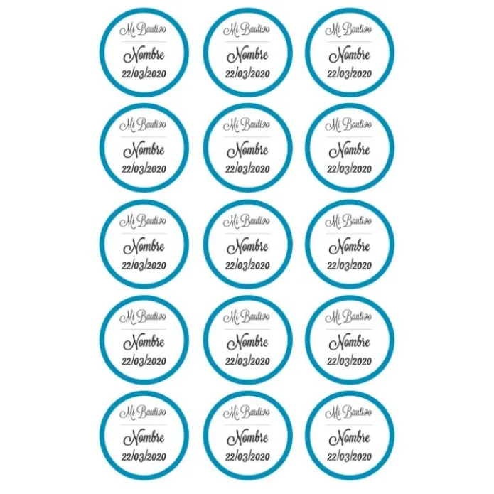 Papel de azúcar - 15 diseños iguales en Círculos de 5 cm Nombre y fecha Mi bautizo - Impresión comestible personalizada