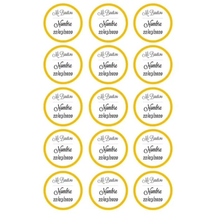 Papel de azúcar - 15 diseños iguales en Círculos de 5 cm Nombre y fecha Mi bautizo - Impresión comestible personalizada