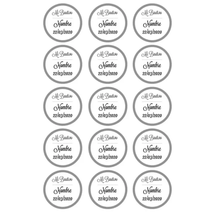 Papel de azúcar - 15 diseños iguales en Círculos de 5 cm Nombre y fecha Mi bautizo - Impresión comestible personalizada