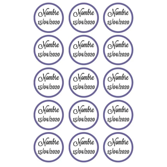 Papel de azúcar - 15 diseños iguales en Círculos de 5 cm Nombre y fecha Nacimiento - Impresión comestible personalizada