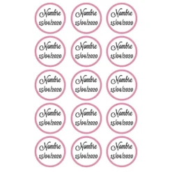 Papel de azúcar - 15 diseños iguales en Círculos de 5 cm Nombre y fecha Nacimiento - Impresión comestible personalizada