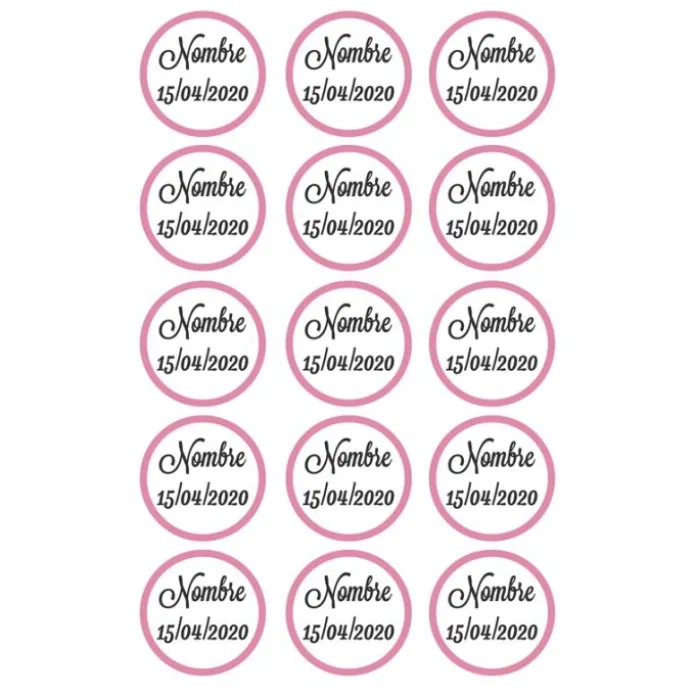 Papel de azúcar - 15 diseños iguales en Círculos de 5 cm Nombre y fecha Nacimiento - Impresión comestible personalizada