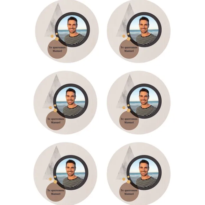 Papel de azúcar - 6 diseños iguales en Círculos de 8 cm Foto y Rótulo Diseño 1 - Impresión personalizada