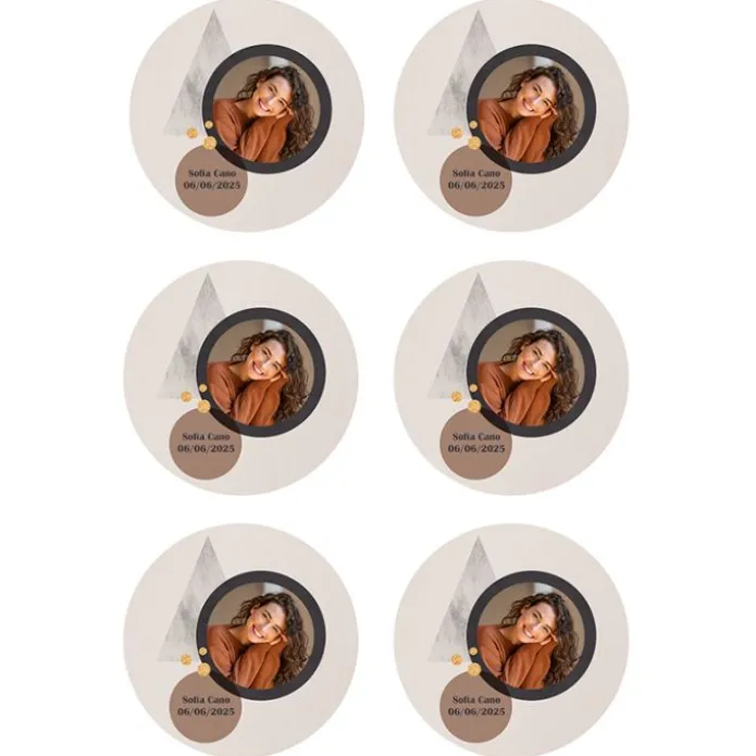 Papel de azúcar - 6 diseños iguales en Círculos de 8 cm Foto y Rótulo Diseño 1 - Impresión personalizada