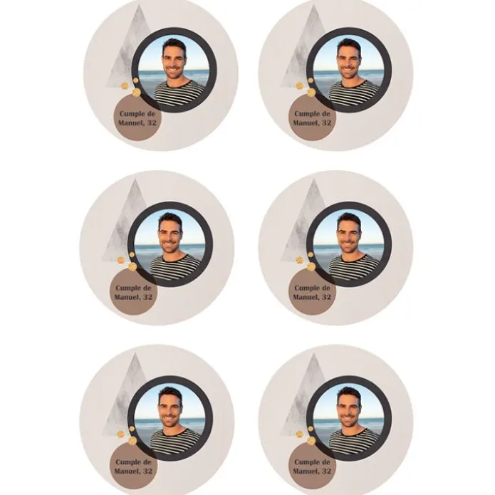 Papel de azúcar - 6 diseños iguales en Círculos de 8 cm Foto y Rótulo Diseño 1 - Impresión personalizada